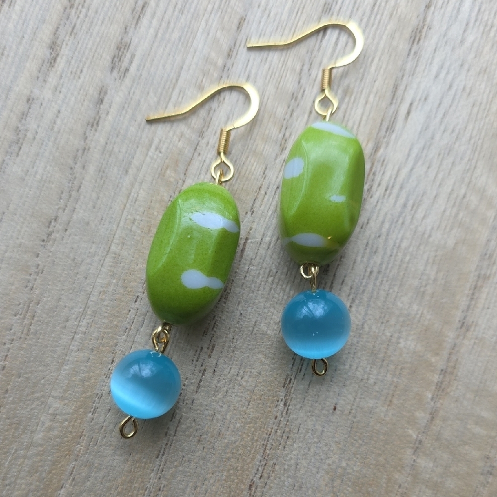Handmade Lime Green and Blue Bead Dangle Earrings